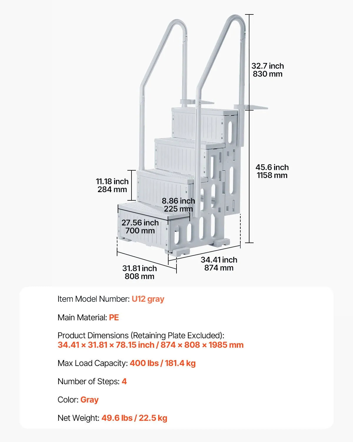 VEVOR 4-Step Grey Pool Ladder of 2 Handrails Supports 400 lb for 48-54 In Pool