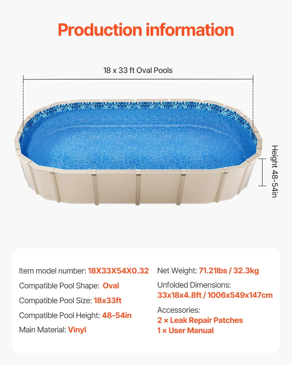 VEVOR Oval Pool Liner 18x33ft Overlap Style Pool Liner 54in Wall Height
