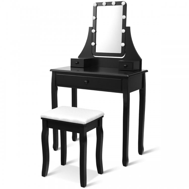 10 LED Lighted Mirror and 3 Drawers Vanity Table Set-Black