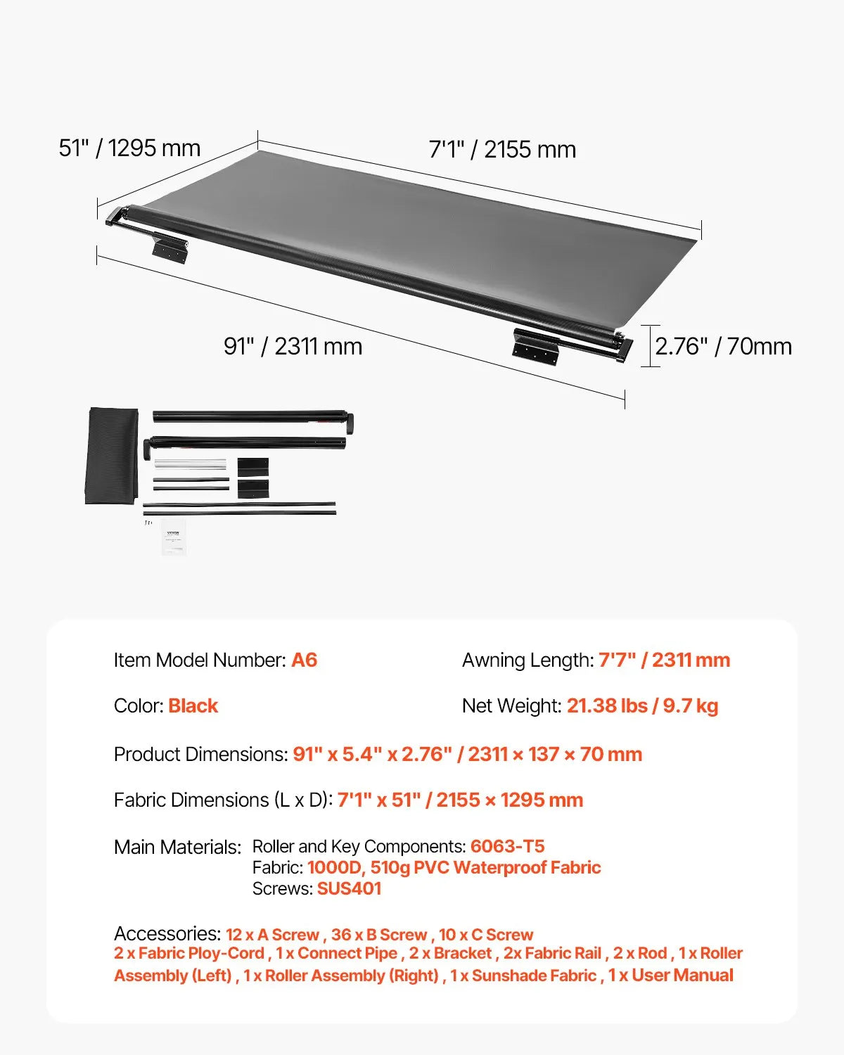 7'7" (7'1") RV Slide Out Awning Black Slide Topper Awning for RVs