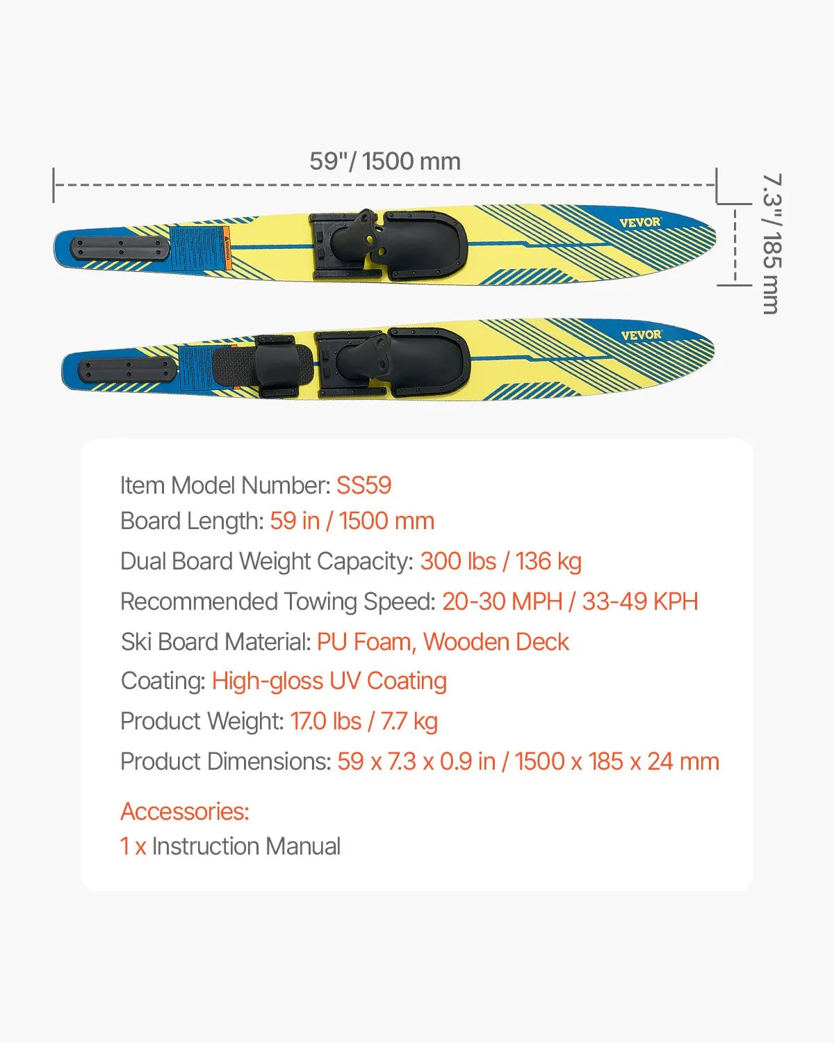VEVOR 59-inch Water Skis Combo Adults Water Skis with X-7 Adjustable Bindings