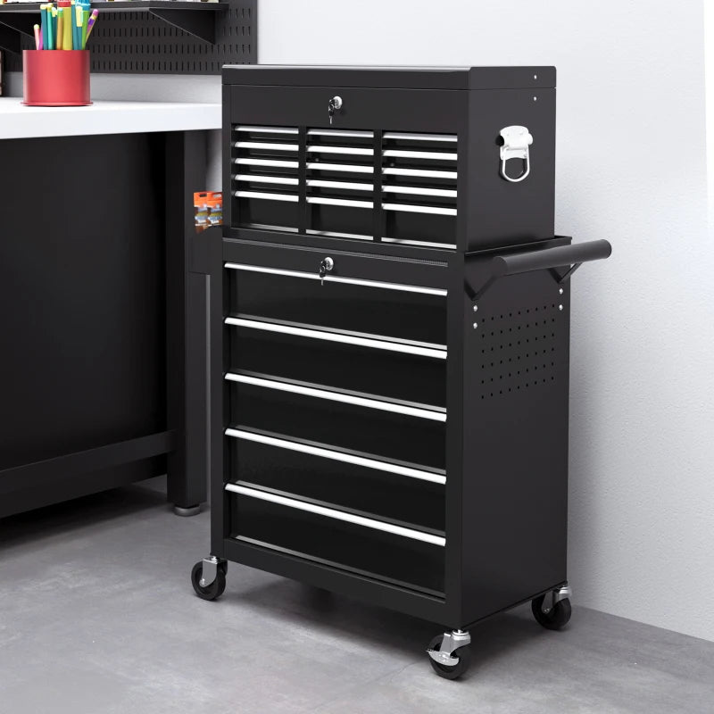14 Drawer Rolling Tool Chest, Lockable Tool Storage Cabinet with Detachable Top Toolbox, Protective Liner, Black