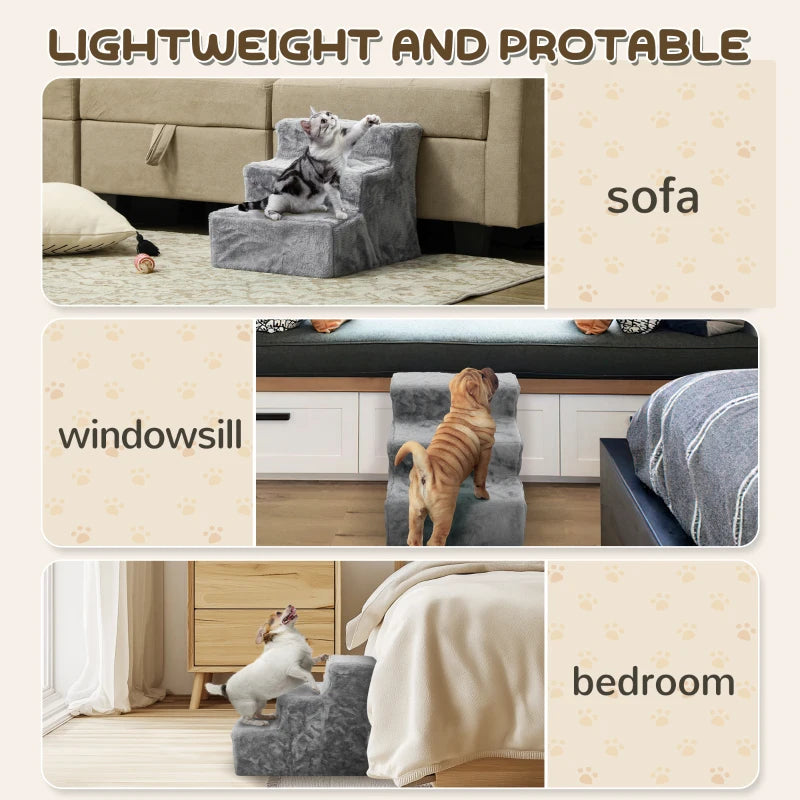 3-Step Dog Ramp for Sofa, Bed, and Couch, with Removable Cover, Light Grey