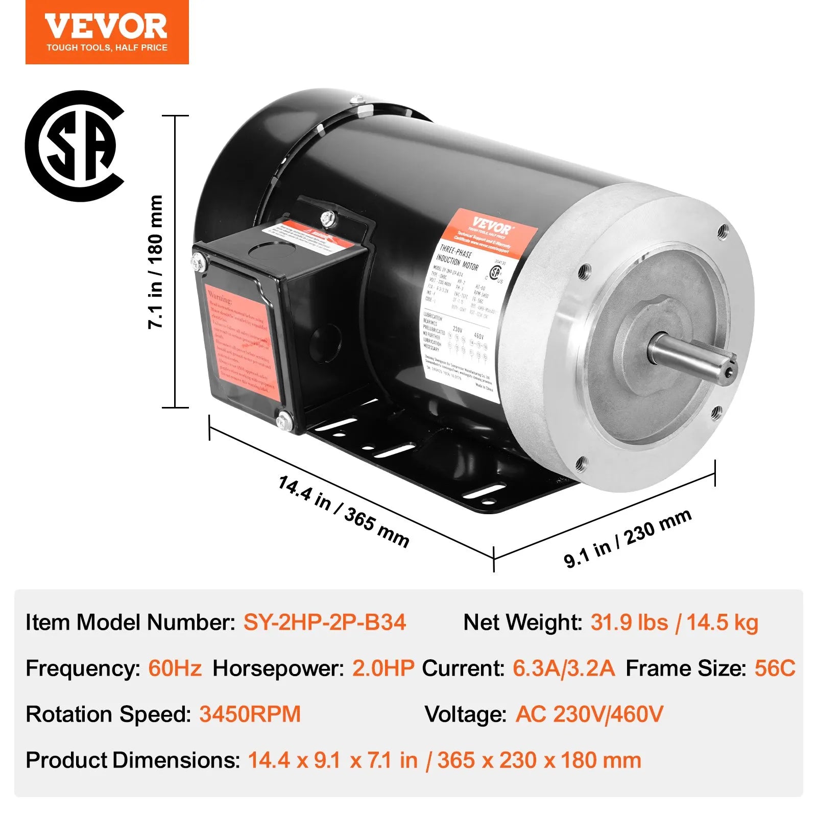 VEVOR 2HP Electric Motor 3450RPM AC230V/460V 56C Frame 3-Phase 5/8" Keyed Shaft