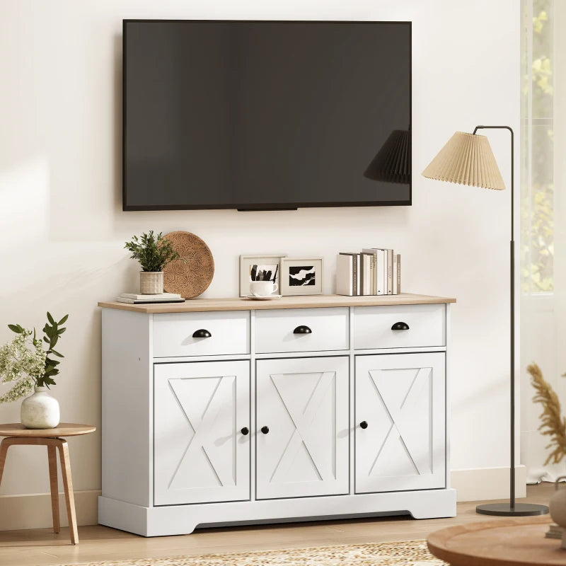 46.5" Buffet Cabinet, Farmhouse Sideboard with 3 Barn Doors and 3 Drawers for Living Room, Kitchen, White