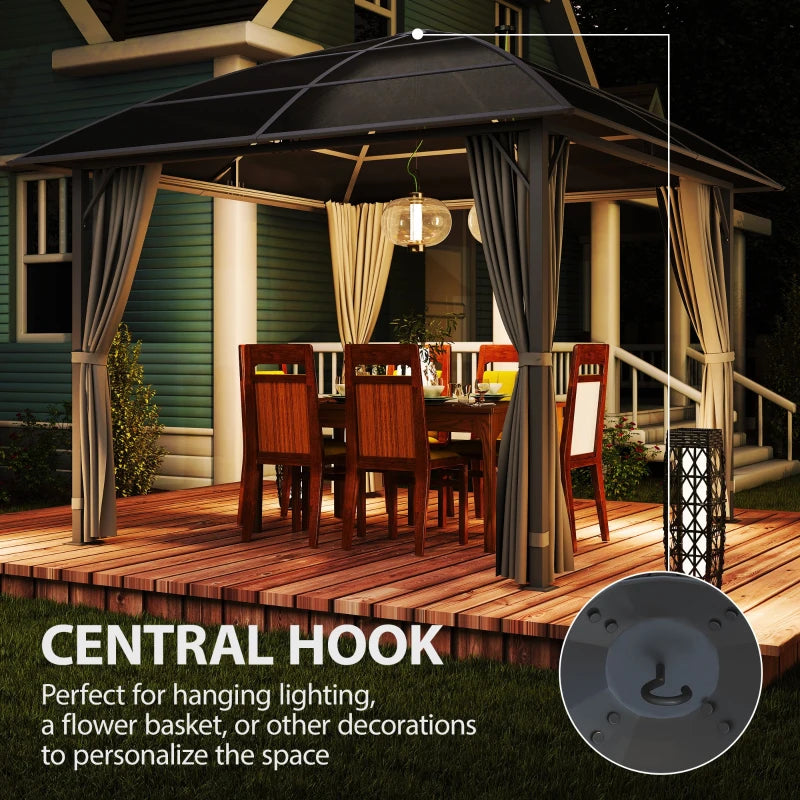10' x 10' Outdoor Hardtop Gazebo Canopy with UV50+ Polycarbonate Roof, Steel Frame, Central Hook, Curtains, Light Grey