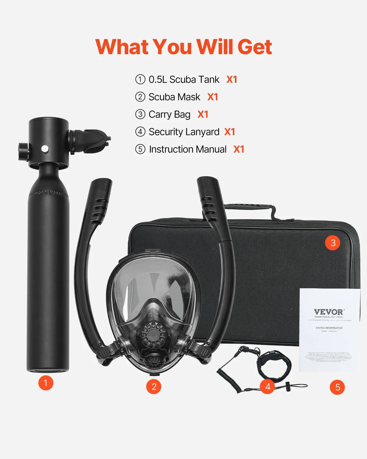 VEVOR 0.5L Scuba Tank 98.43 ft Diving Depth Lung Tank Kit with Snorkel Mask