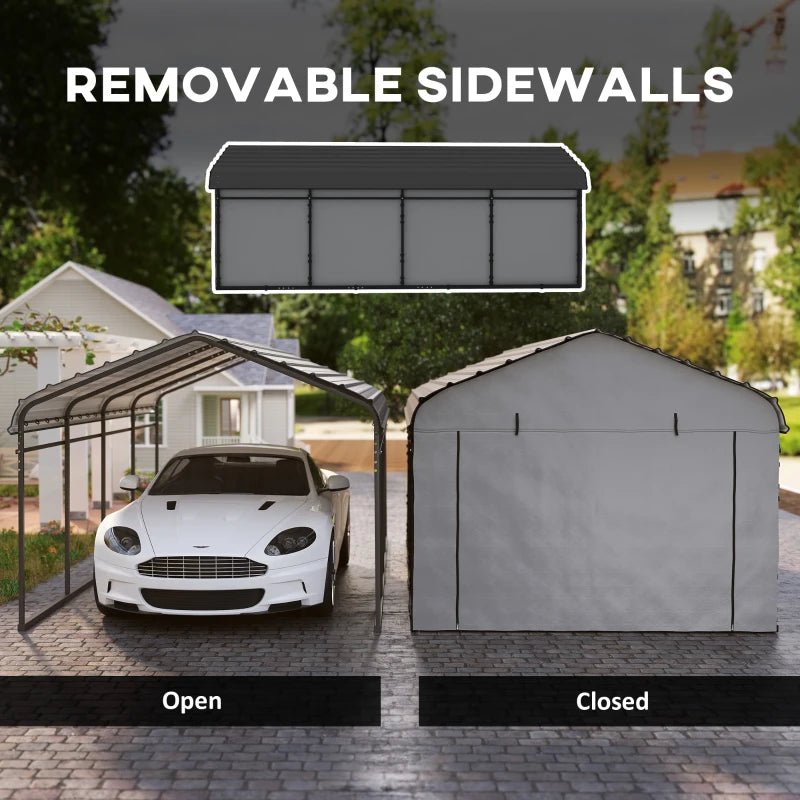 12' x 20' Metal Carport, Heavy Duty Garage Car Shelter with Galvanized Metal Roof and Removable Sidewalls, Light Grey