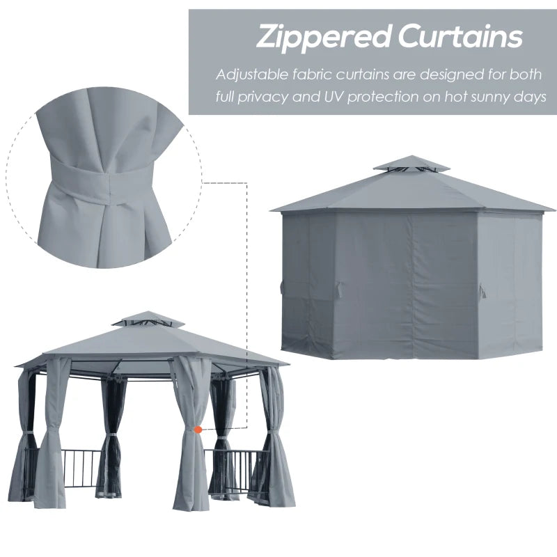 13ft Hexagon Gazebo Outdoor Canopy Shelter with Netting and Shaded Curtains Grey
