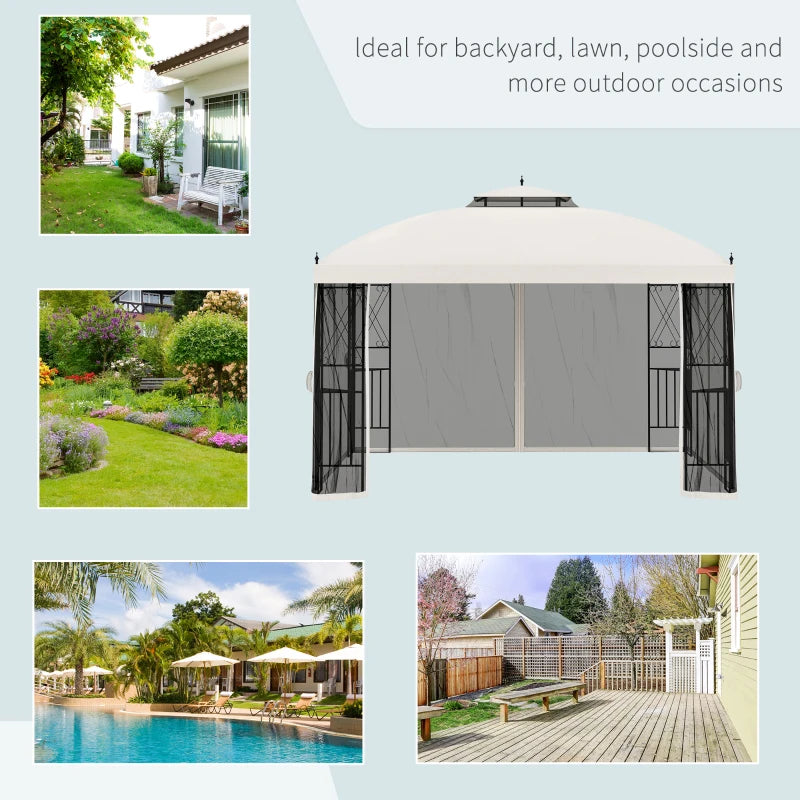 12' x 10' Outdoor Patio Gazebo Canopy with Double Tier Roof, Removable Mesh Sidewalls, Triangular Display Shelves, Beige