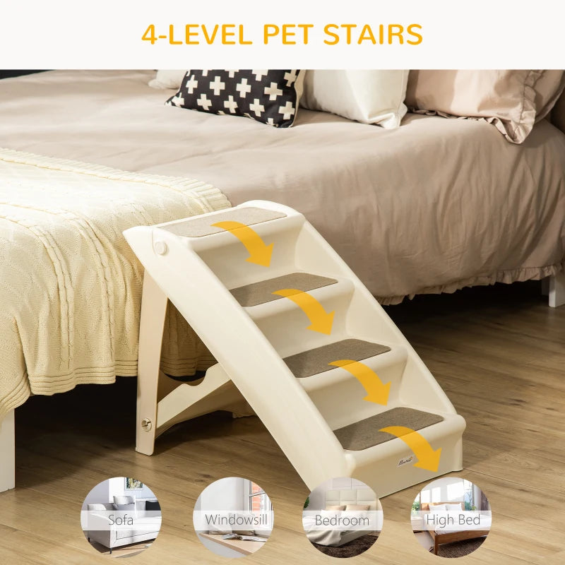 4-Level Portable Dog Stairs, Foldable Dog Steps for Small Dogs, Lightweight Cat Steps, with Nonslip Soft Mats, for High Bed, Sofa, Beige