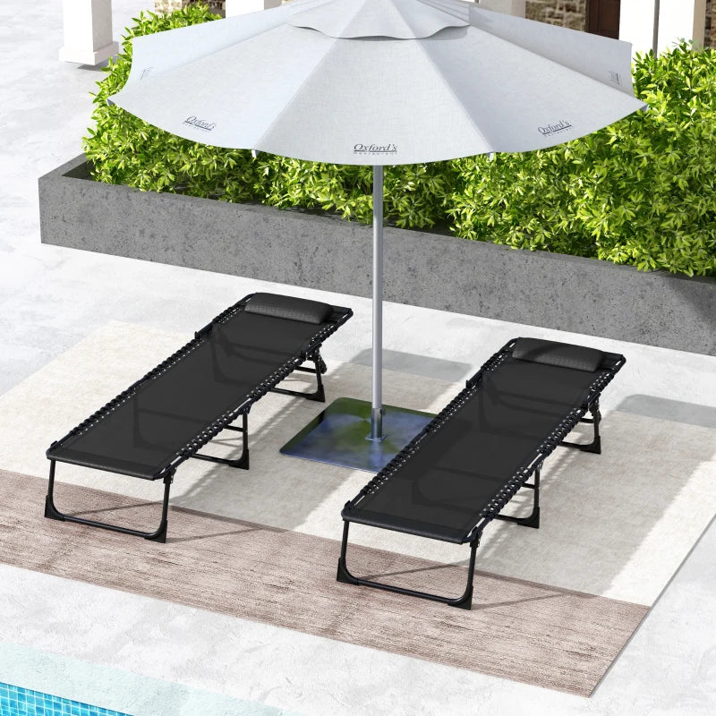 2pcs Folding Lounge Chair, Adjustable Chaise Lounge with Headrest, Reclining Lounger Cot for Camping, Black