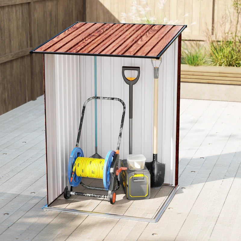 3.3' x 3.4' Lean-to Garden Storage Shed, Outdoor Galvanized Steel Tool House with Lockable Door for Patio, Teak