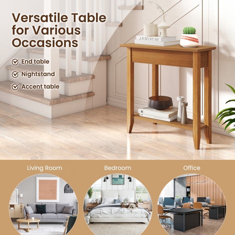 2-Tier Wedge Narrow End Table with Storage Shelf and Solid Wood Legs-Walnut