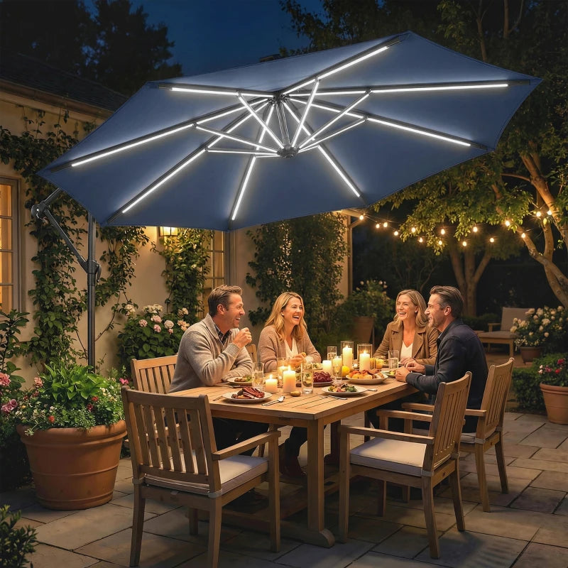 10 ft Offset Patio Umbrella with Solar Light, Garden Hanging Parasol with 360° Rotation, Tilt, Cover, Navy Blue
