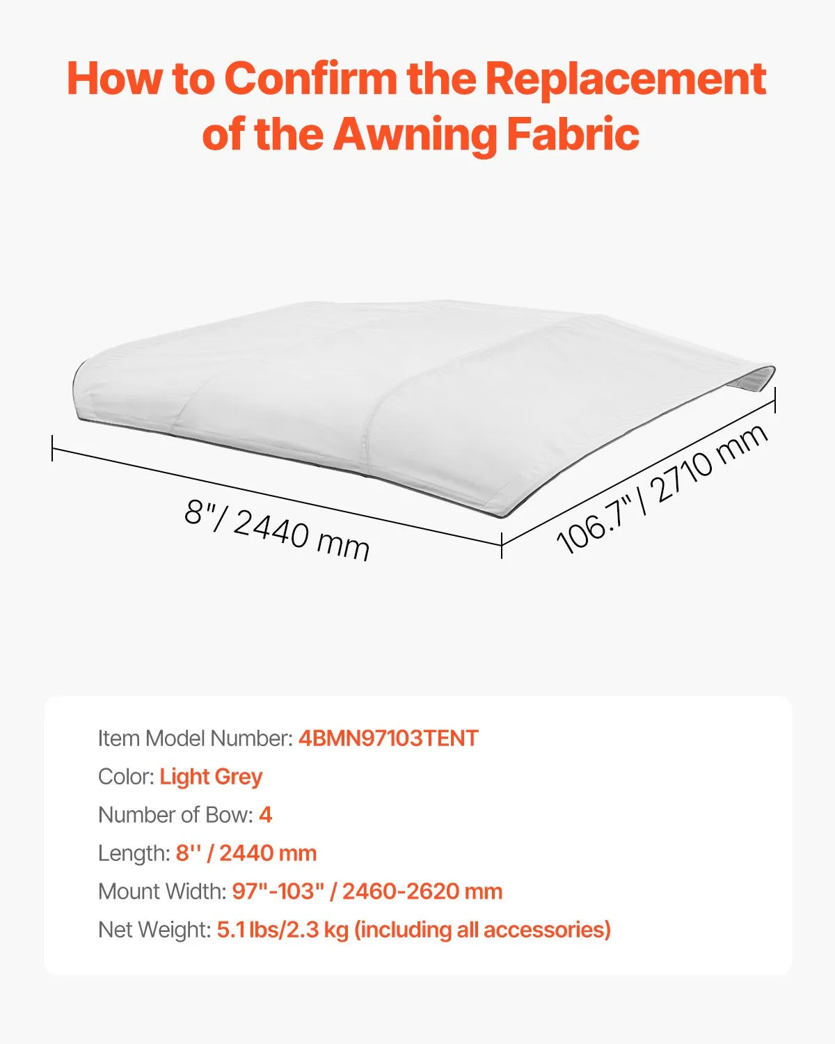 VEVOR 4 Bow Boat Bimini Tops 96"Lx(97"-103")W Awning Top Replacement Light Grey