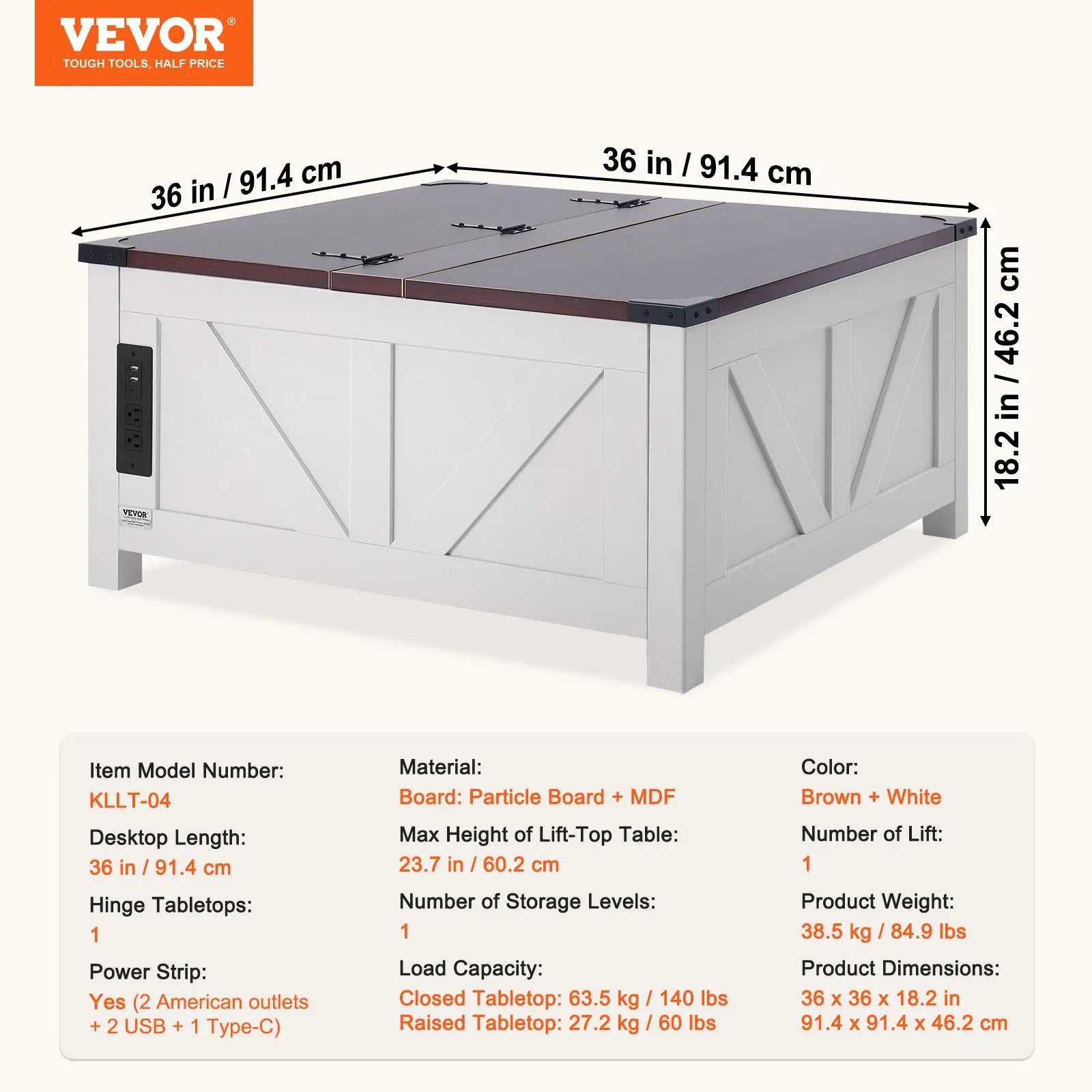 VEVOR 36" Farmhouse Coffee Table Hinged Lift Top Square Table with Power Strip