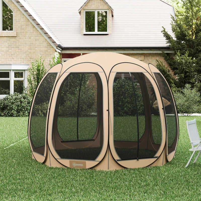 11' x 11.5' Screen Tent, Pop Up Camping Gazebo with Portable Carry Bag and 2 Doors, Beige