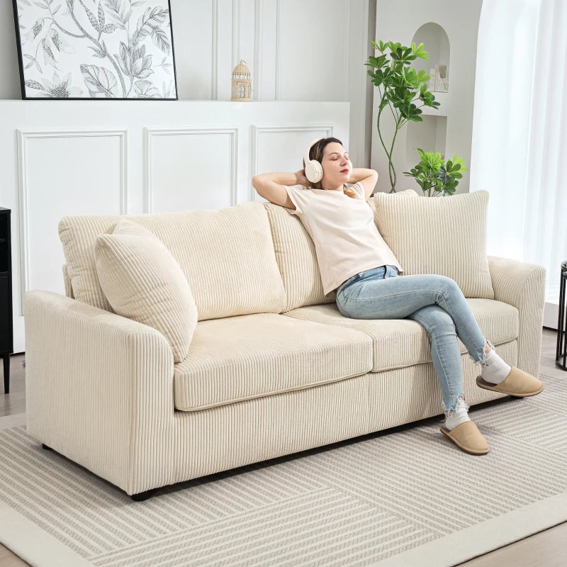 3 Seater Sofa, 83.5" Modern Upholstered Couch with Pocket Spring and 2 Scatter Cushions for Living Room, Cream White