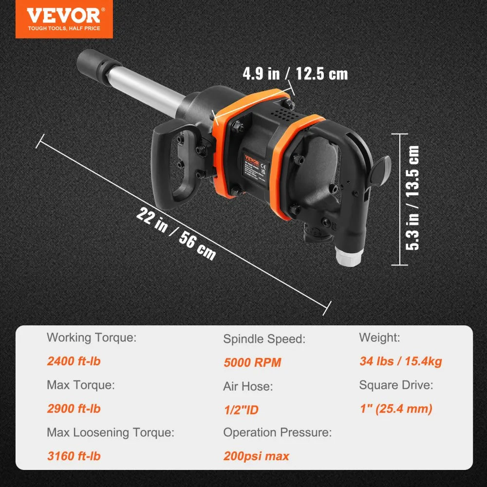 VEVOR 1 Inch Air Impact Wrench, Up to 3160 ft-lbs High Reverse Torque Output 1" Pneumatic Impact Gun w/ 8 Inch Extended Anvil & Carrying Case for Heavy Duty Repairs and Maintenance