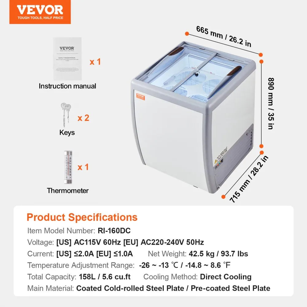 VEVOR 5.6 Cu.ft Commercial Ice Cream Display Case Gelato Dipping Freezer Cabinet