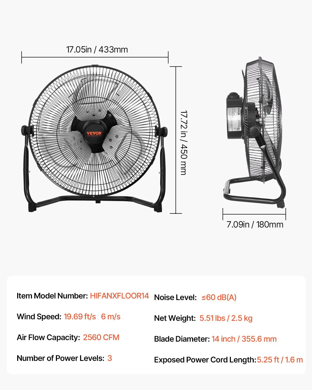VEVOR 14 In Floor Fan 3 Speed 360° Adjustable Tilt High-Velocity Industrial Fan
