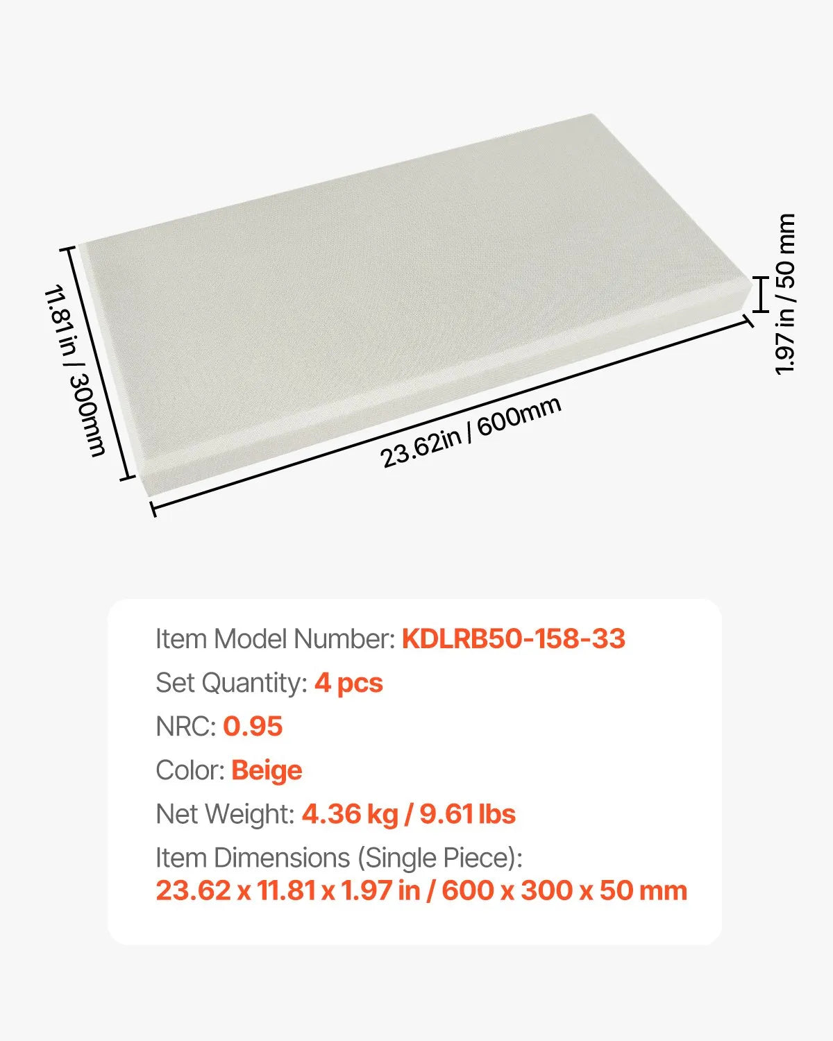 VEVOR 4 PCS Acoustic Wall Panels 2 in Thick 23.6 x 11.8 in Self-adhesive Beige