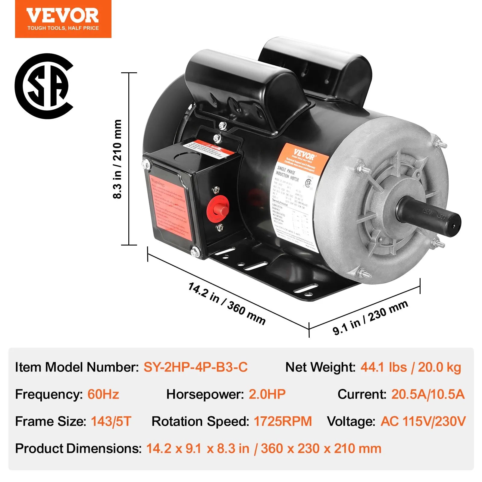 VEVOR 2HP Electric Motor 1725RPM AC115/230V 143/5T Frame 1-Phase 7/8" Key Shaft