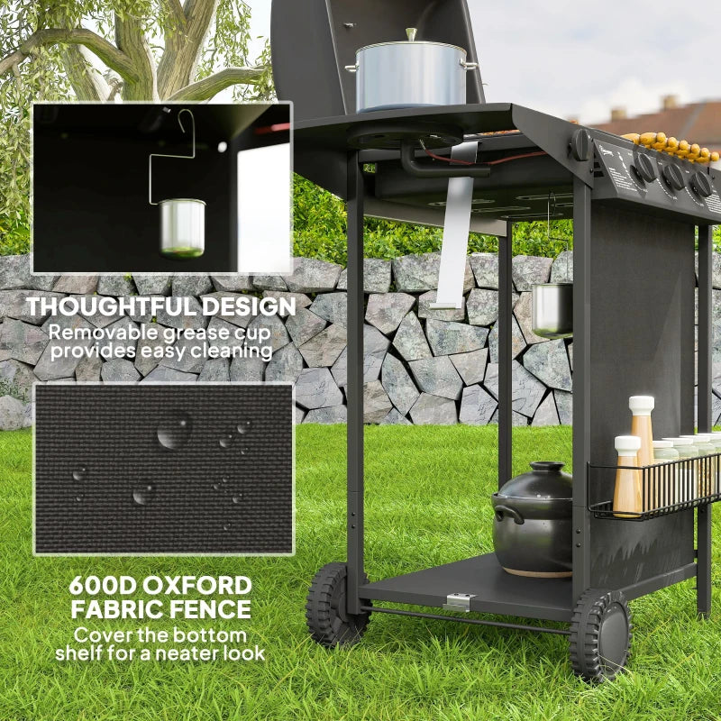 3+1 Burner Propane Gas BBQ Grill, Portable Gas Barbecue Grill with Side Burner, Thermometer, Lid, Side Table, Shelf, Spice Rack, Wheels, Grease Cup for Garden, Black