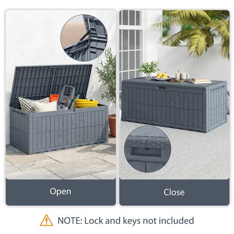220 Gallon Resin Deck Box, Waterproof Lockable Outdoor Storage Box with Pneumatic Gas Rods, Side Handles