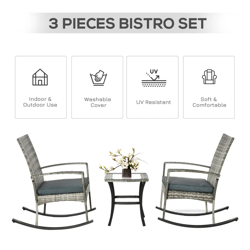 3 Pieces Patio Wicker Rocking Chair Set, Outdoor PE Rattan Bistro Set Conversation Rocker Set with 2 Chairs 1 Coffee Table for Backyard, Deck, Poolside, Grey