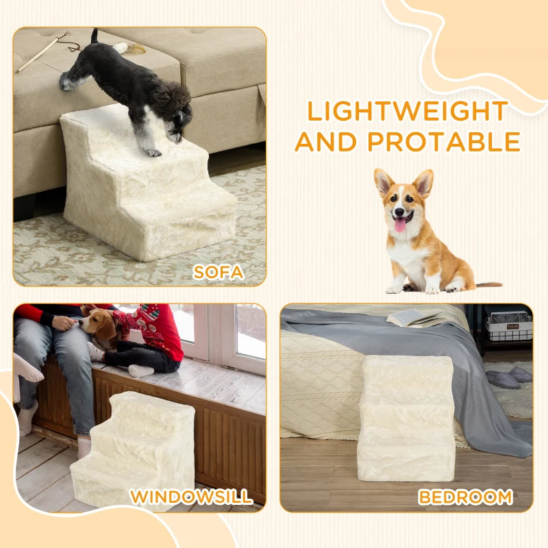 3-Step Dog Ramp for Sofa, Bed, and Couch, Pet Steps Ladder with Removable Cover, Beige