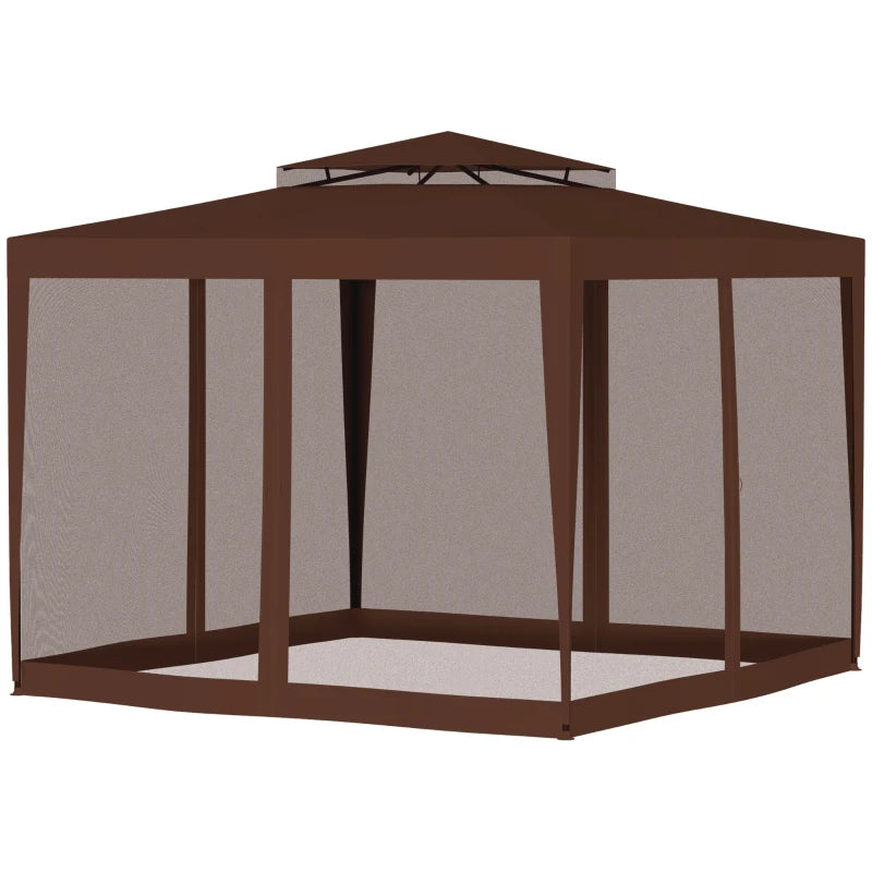 10' x 10' Outdoor Canopy Tent Party Tent with Mesh Netting and Double Tier Roof for Backyard, Garden, Patio, Brown