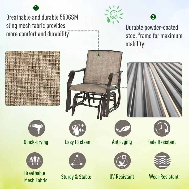 3 Piece Patio Glider Set Outdoor Gliders with Breathable Mesh Seat, Glass Top Table for Garden, Yard, Mixed Brown