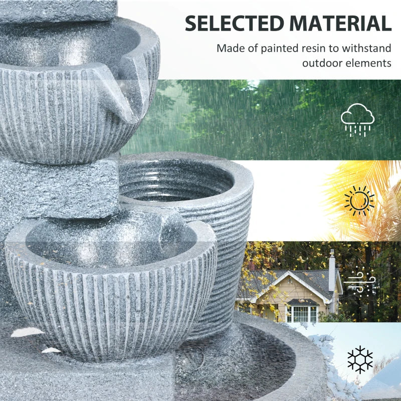 Solar Powered Outdoor Water Fountain, 4-Tier Floor Standing Resin Cascading Bowls Waterfall Fountain with LED Lights