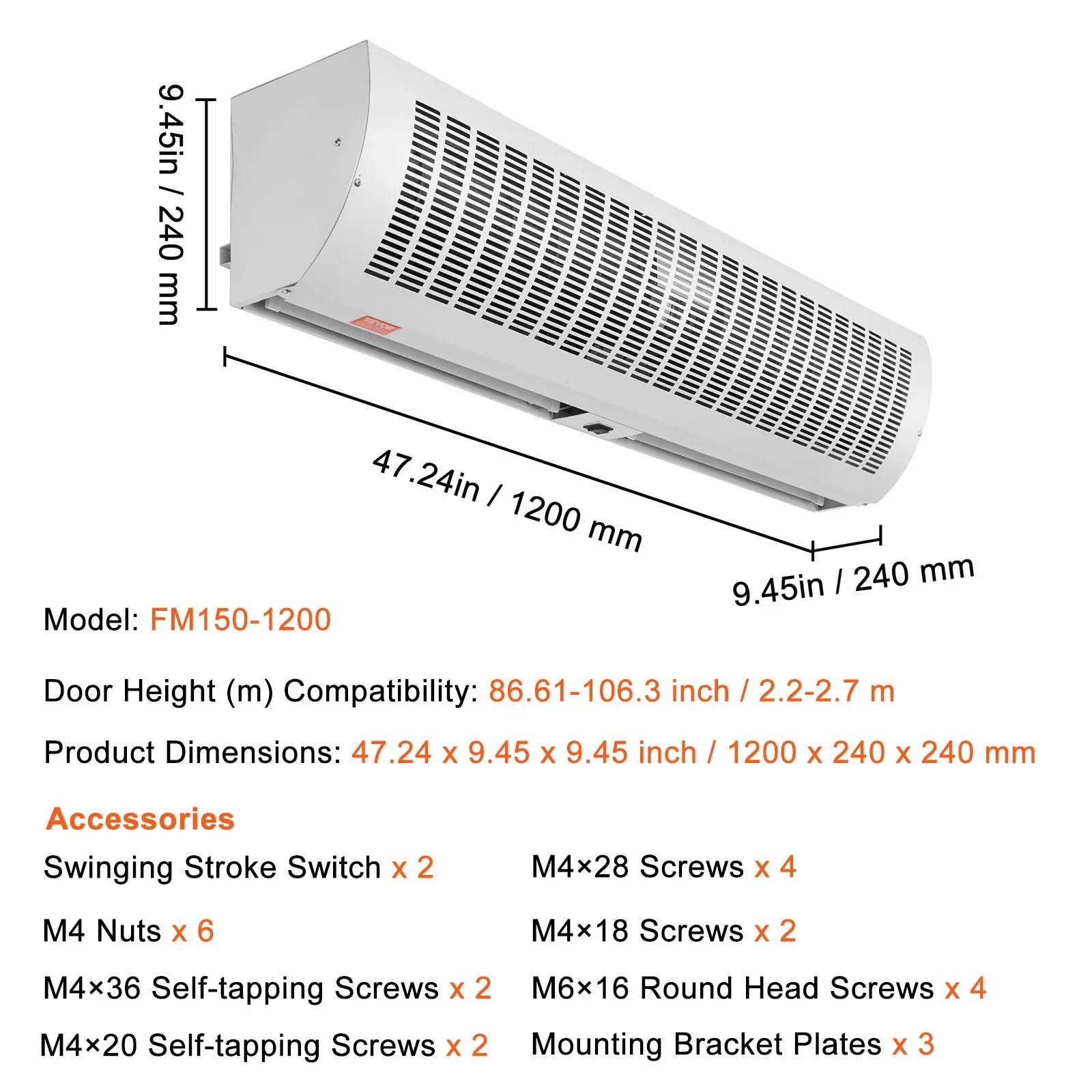 VEVOR 48" Commercial Indoor Air Curtain Super Power 2 Speeds 1650CFM, Tested to UL Standards Wall Mounted Air Curtains for Doors, Indoor Over Door Fan with Heavy Duty Limit Switch, Easy-Install 110V Unheated