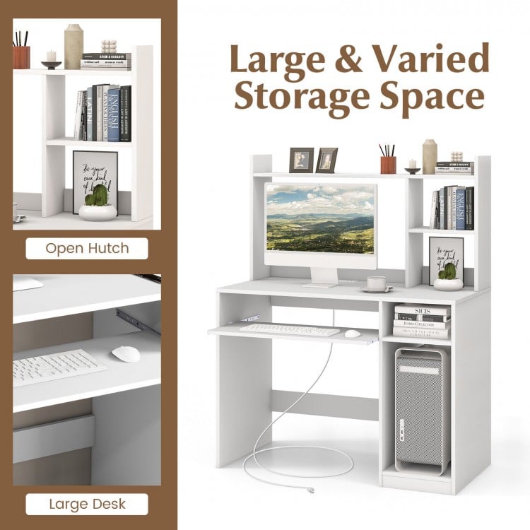 Home Office Computer Desk with Bookcase Keyboard Tray and CPU Stand-White