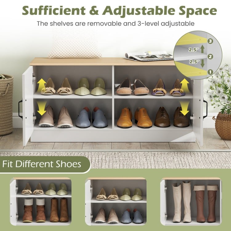 2-Door Shoe Bench Shoe Storage Cabinet with Adjustable Shelves-Natural