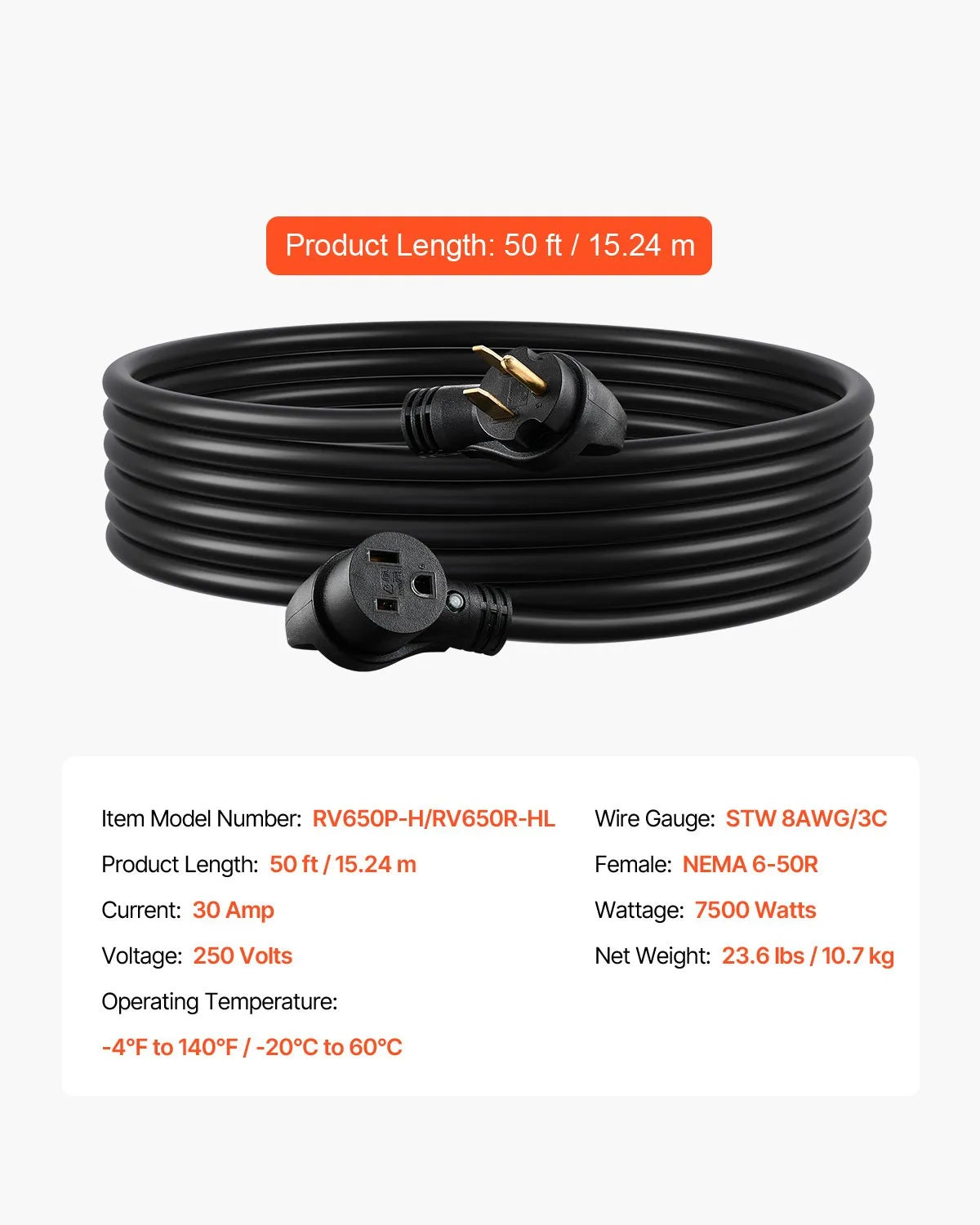 VEVOR 30A Generator Extension Cord 50 ft 250V NEMA 6-50P to 6-50R Power Cable