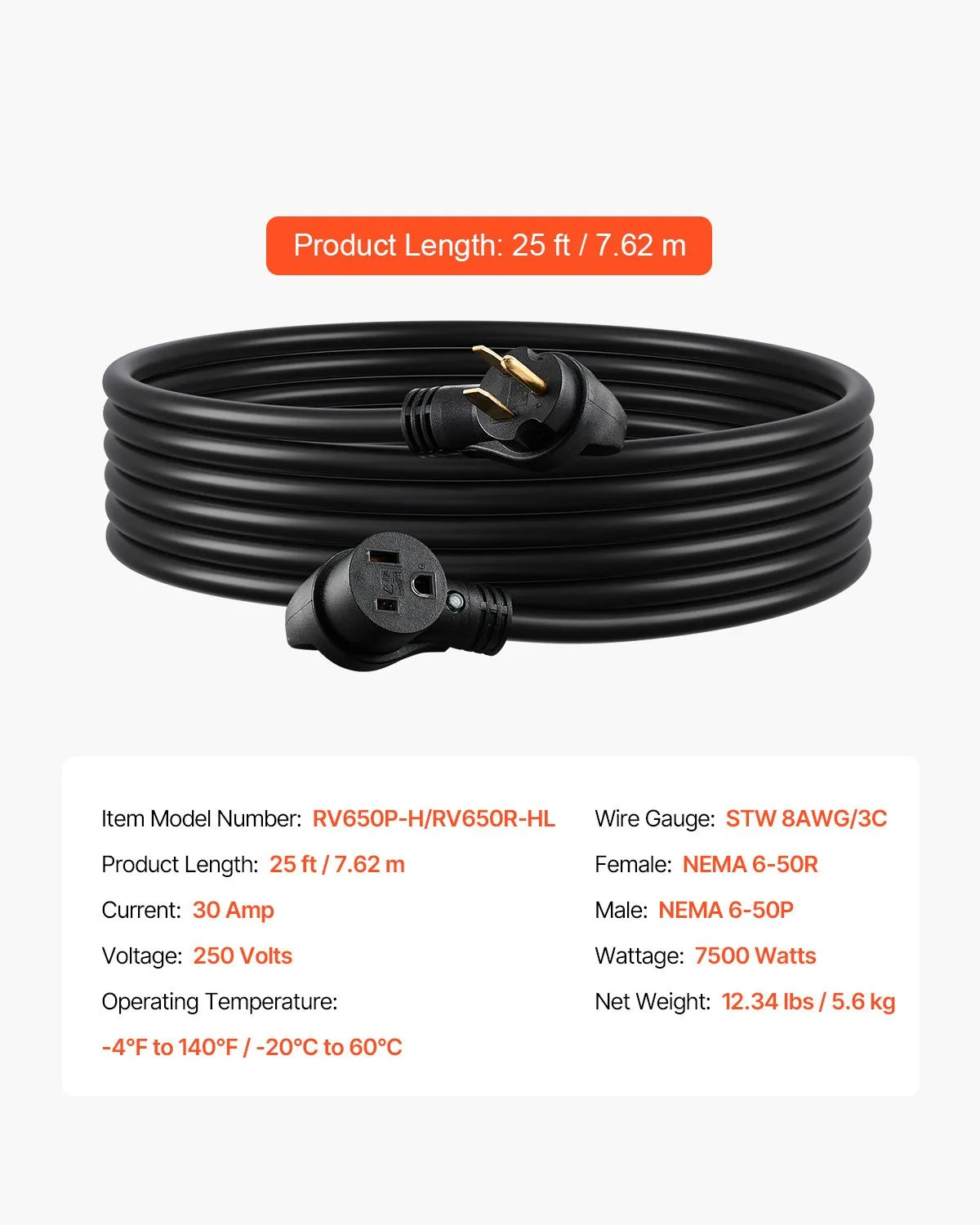 VEVOR 30A Generator Extension Cord 25 ft 250V NEMA 6-50P to 6-50R Power Cable