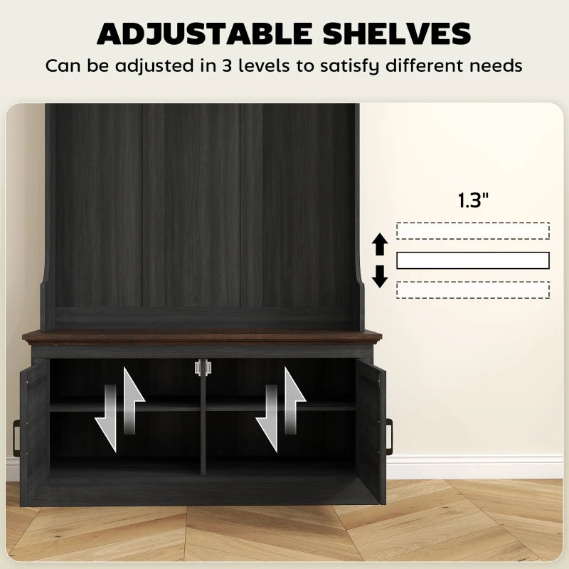 3-in-1 Hall Tree with Bench, Coat Rack with Shoe Storage, Distressed Black