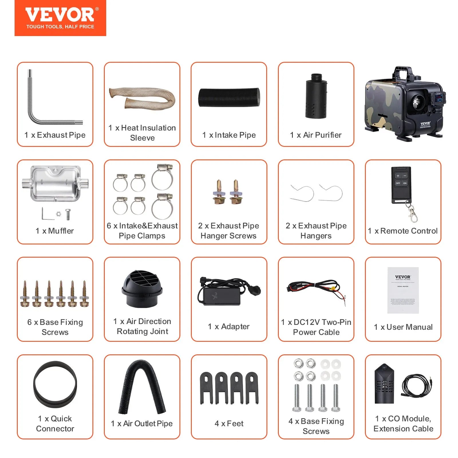 VEVOR 8KW Diesel Heater, 12V/24V All-in-One Air Heater, Bluetooth App, Remote & Display, CO Alarm, Fast Heating Horizontal Portable Heater for Vehicles & Garage