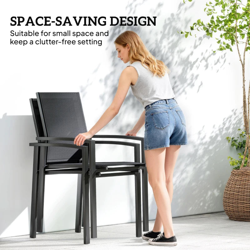Set of 2 Outdoor Garden Chairs, Stackable Patio Dining Chairs with Breathable Fabric, Armrests and Backrest, Black