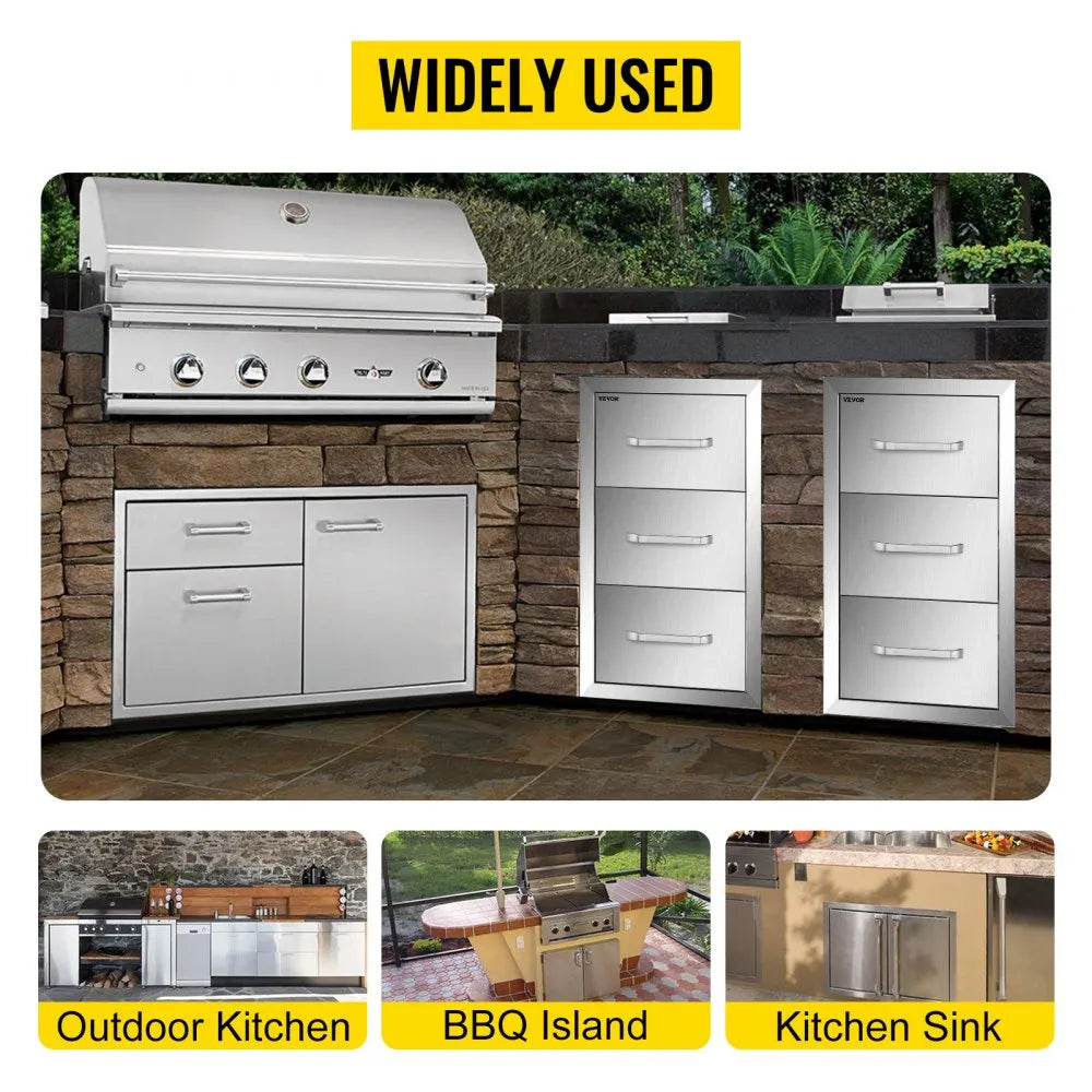 VEVOR Outdoor Kitchen Drawers 16\" W x 28.5\" H x 20.5\" D, Flush Mount Triple Access BBQ Drawers Stainless Steel with Handle, BBQ Island Drawers for Outdoor Kitchens or Patio Grill Station