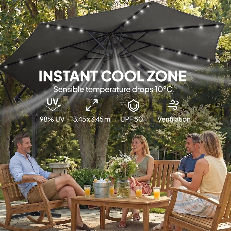 11.3 ft Cantilever Patio Umbrella with Light, Cover, Aluminium UPF50+ Offset Outdoor Umbrella Parasol, Dark Grey