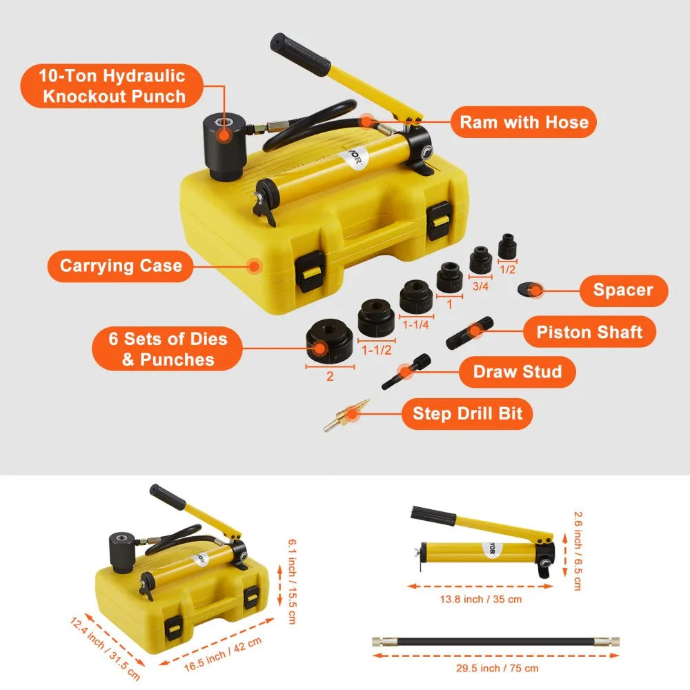 VEVOR 10 Ton Hydraulic Knockout Punch Driver Kit Hole Tool 1/2"-2" with 6 Dies