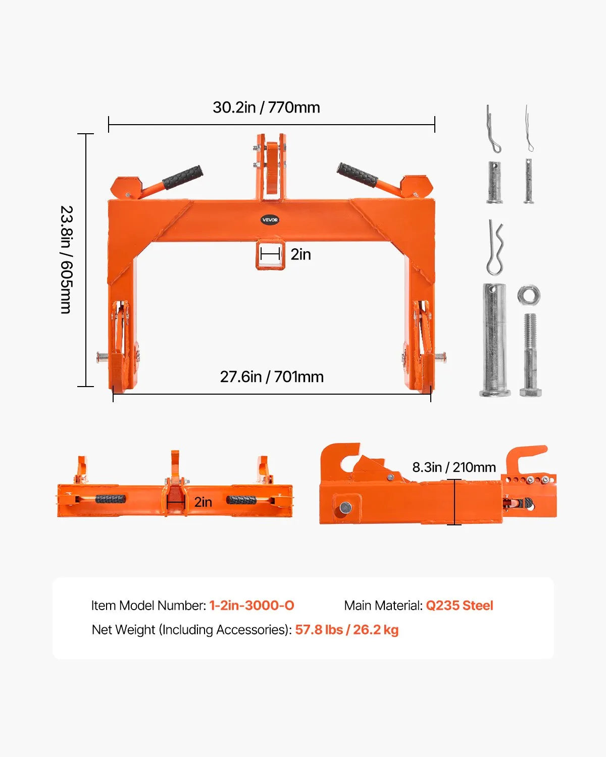 VEVOR 3-Point Quick Hitch 2" Receiver Fit Category 1 & 2 Tractor 3000lb Orange