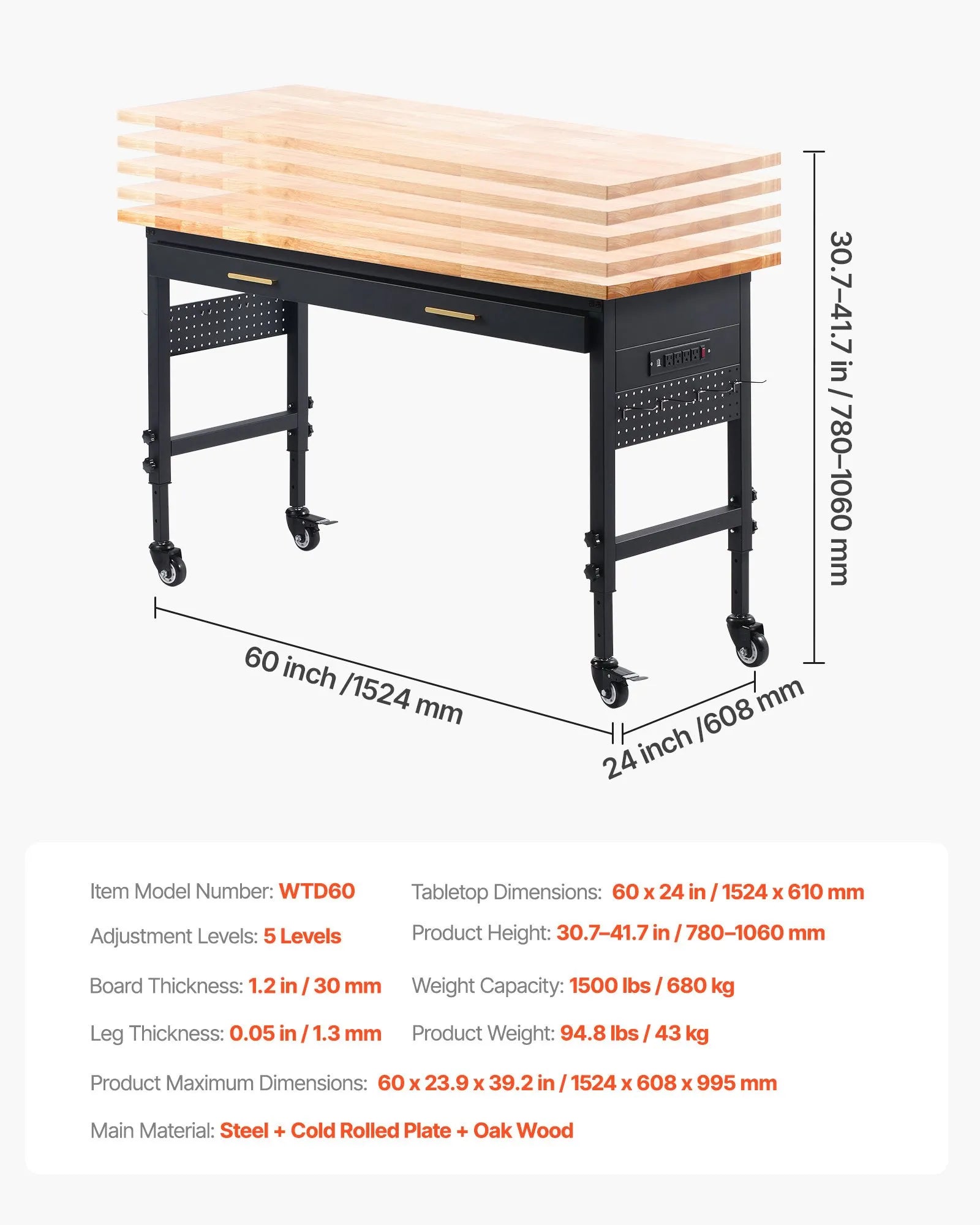 VEVOR 60" Workbench on Wheels Adjustable Height Table with Power Outlet & Drawer