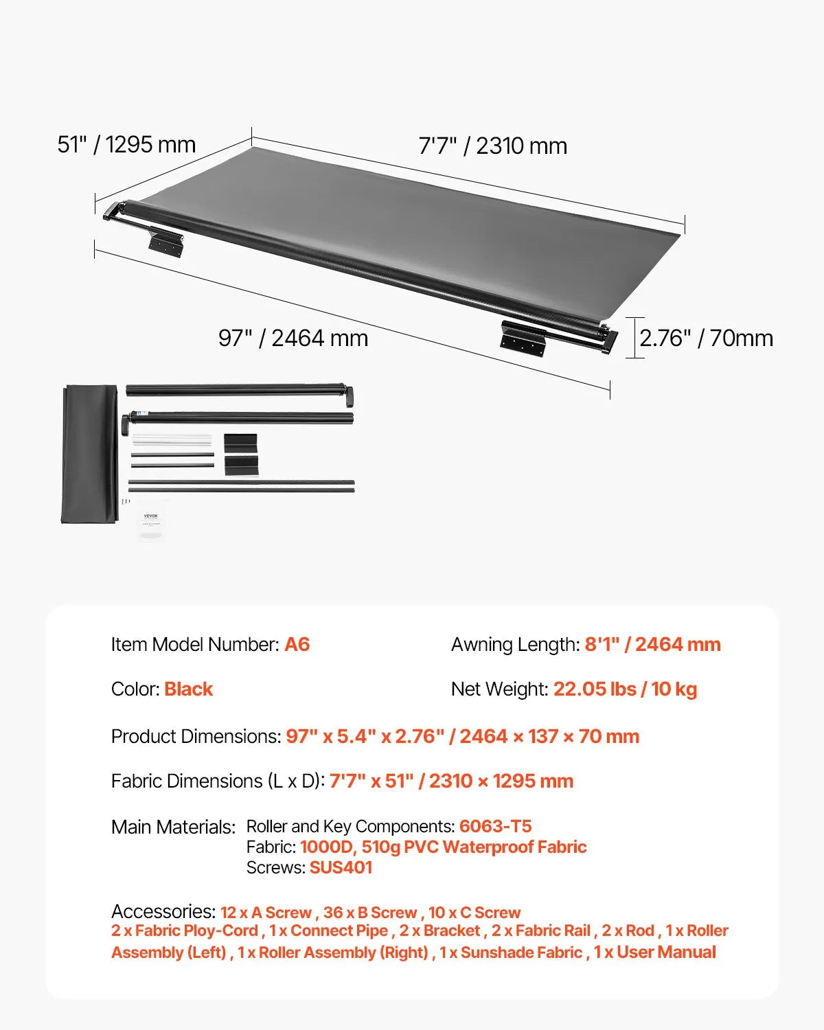 VEVOR 8'1" (7'7") RV Slide Out Awning Black Slide Topper Awning for RVs