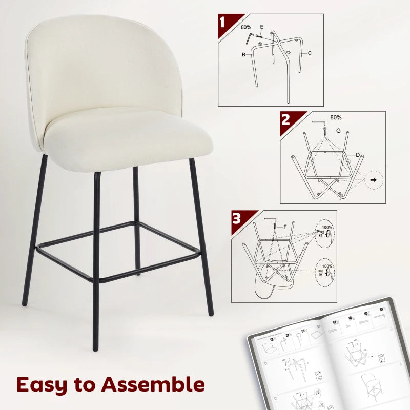 Set of 2 Counter Height Barstools, Upholstered Linen Bar Stools with Backrest, Footrest and Steel Legs, Cream White